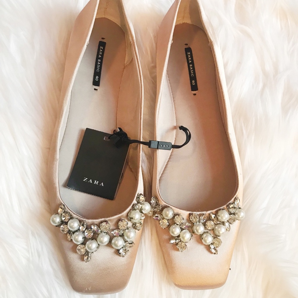 NWT Zara Nude Blush Jeweled Satin Ballerina Flats - Picture 5 of 7